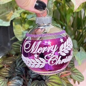 Radko‎ Shiny Brite Stenciled Flocked Ornament Merry Christmas Purple Silver MCM